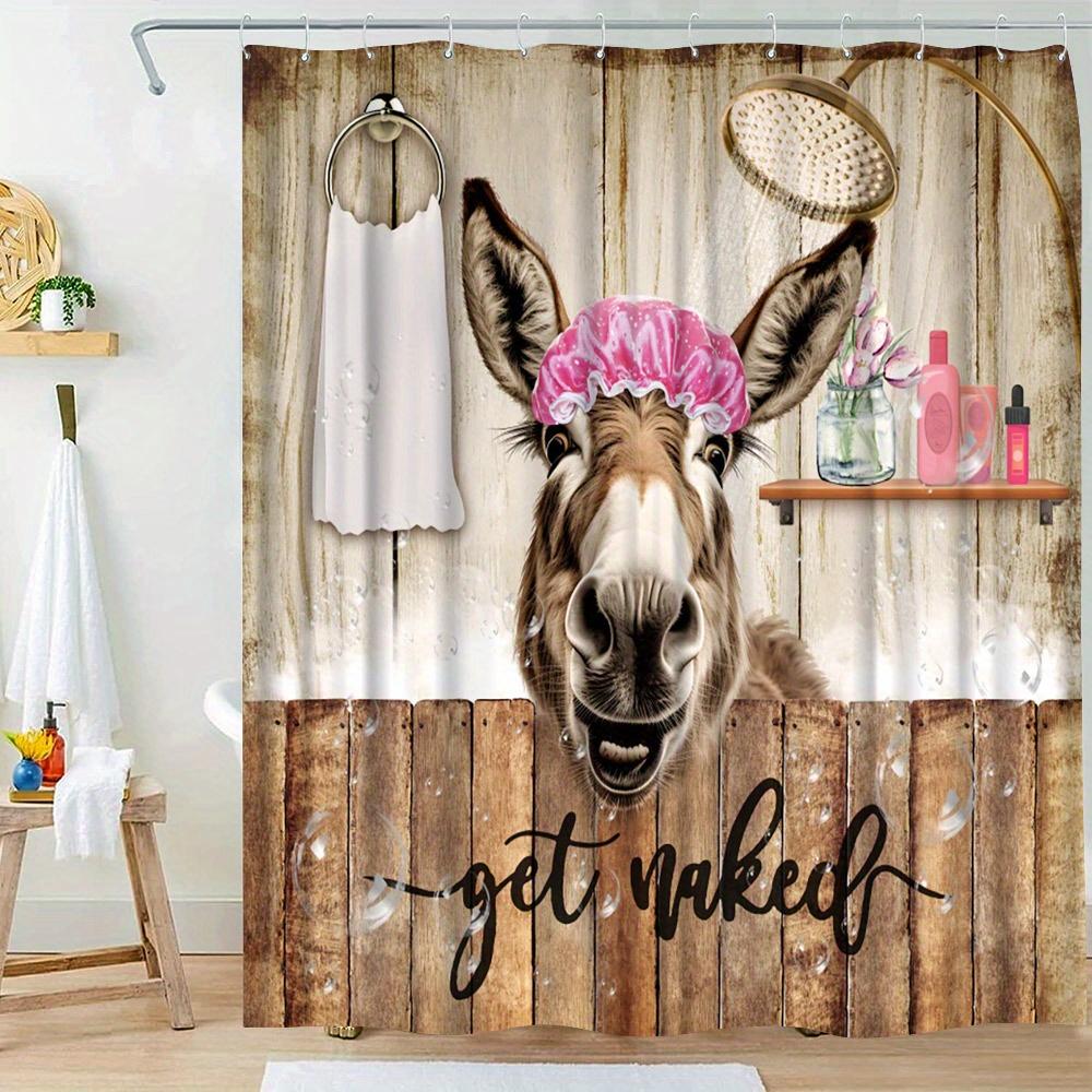 Whimsical Donkey Bathing Shower Curtain with Rustic Wooden Background -Fun GET NAKED Design,  Perfect for Playful Bathroom Decor W90XH180cm