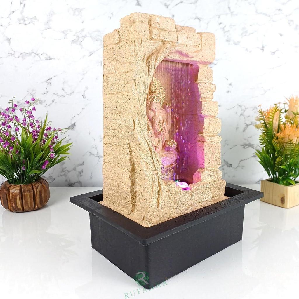 Stein Gufa Ganesha Tischbrunnen mit LED RGB Licht für Wohnkultur/Büro/Geschenk/Einweihungsgeschenk/Hochzeitsgeschenk (Beige Stone)