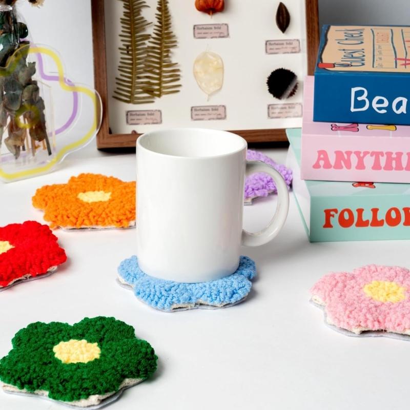 Punch Needle Embroidery Set With 6 Florals Coasters Pattern and Reusable Tool for Child Adults