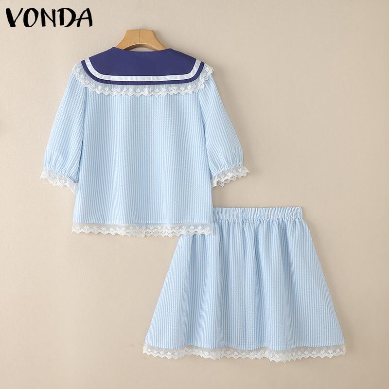 VONDA Two Picecs Dame Marineblå Krage Blondekant Stripete Tekstur T-skjorter og Shorts Sett