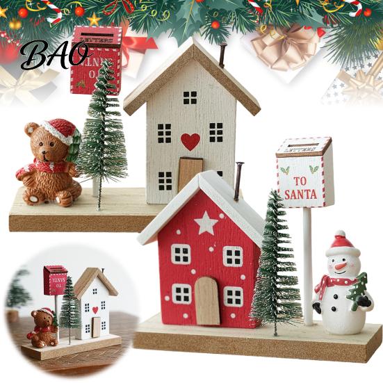 Christmas Showcase Display Mini Village House Figurine, Winter Scene Ornament with Snowman Hand Painted Wood Town Bear & Mailbox, Nordic Style Desktop