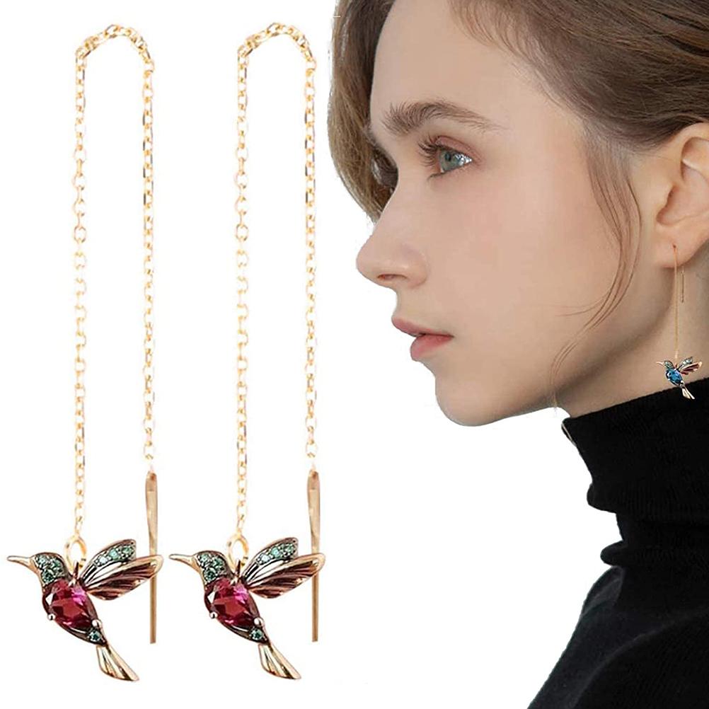 Hummingbird Rhinestone Drop Earrings Fashionable Wing Spreading Earrings Hummingbird Long Pendant Earchain Jewelry for