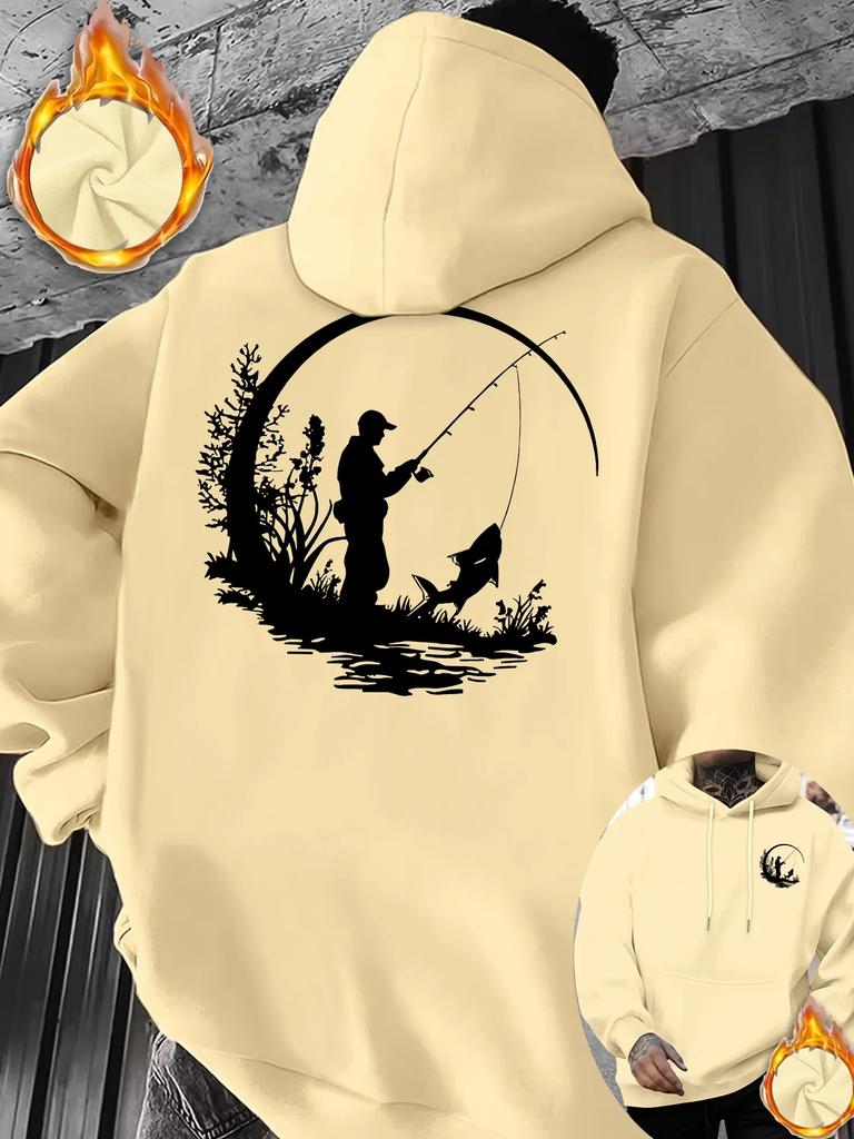Men Fishing Sports Hoodie Fisherman Silhouette Outdoor Print Black Oversized Pullover Streetwear Sweatshirt Autumn Winter