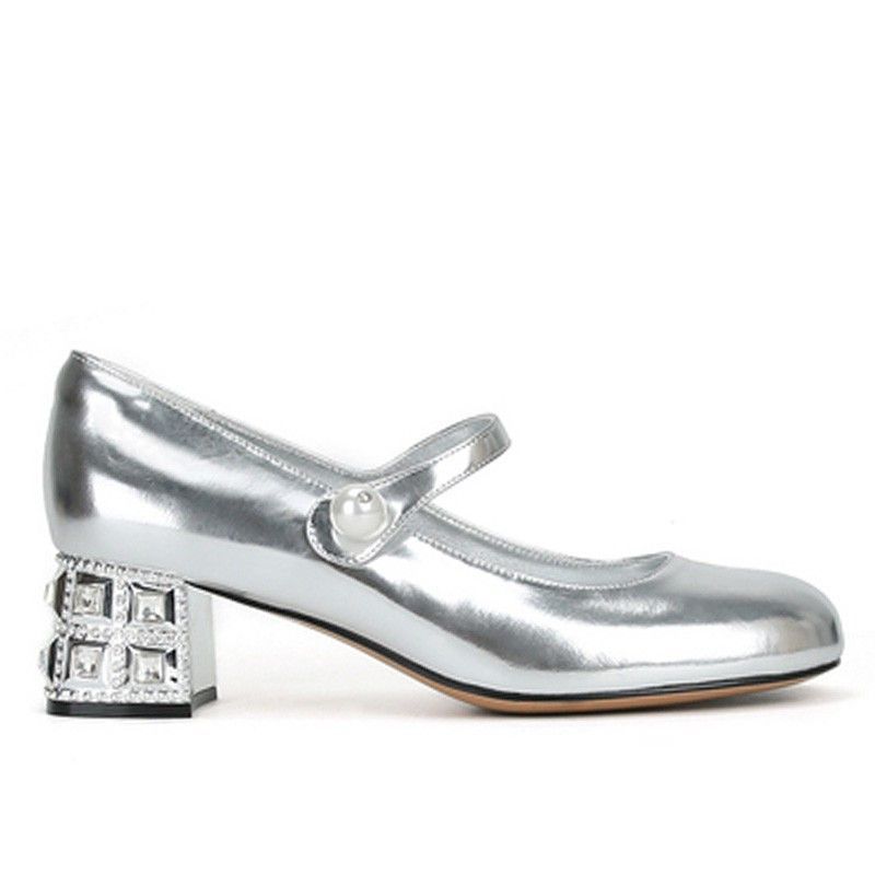Xiaoxiangfeng patent leather thick heel one-word buckle Mary Jane women's shoes 2025 spring new rhinestone pearl silver high heels