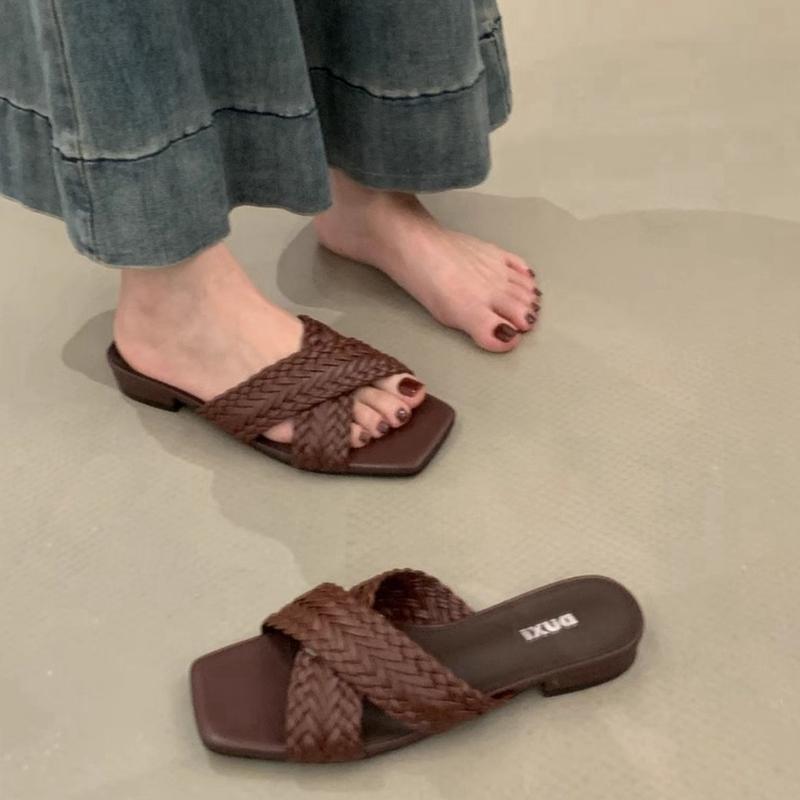 Fashion SUOJIALUN 2025 Summer New Brand Women Slipper Fashion Weave Slip On Ladies Elegant Slides Soft Flat Heel Outdoor Dress Sandal