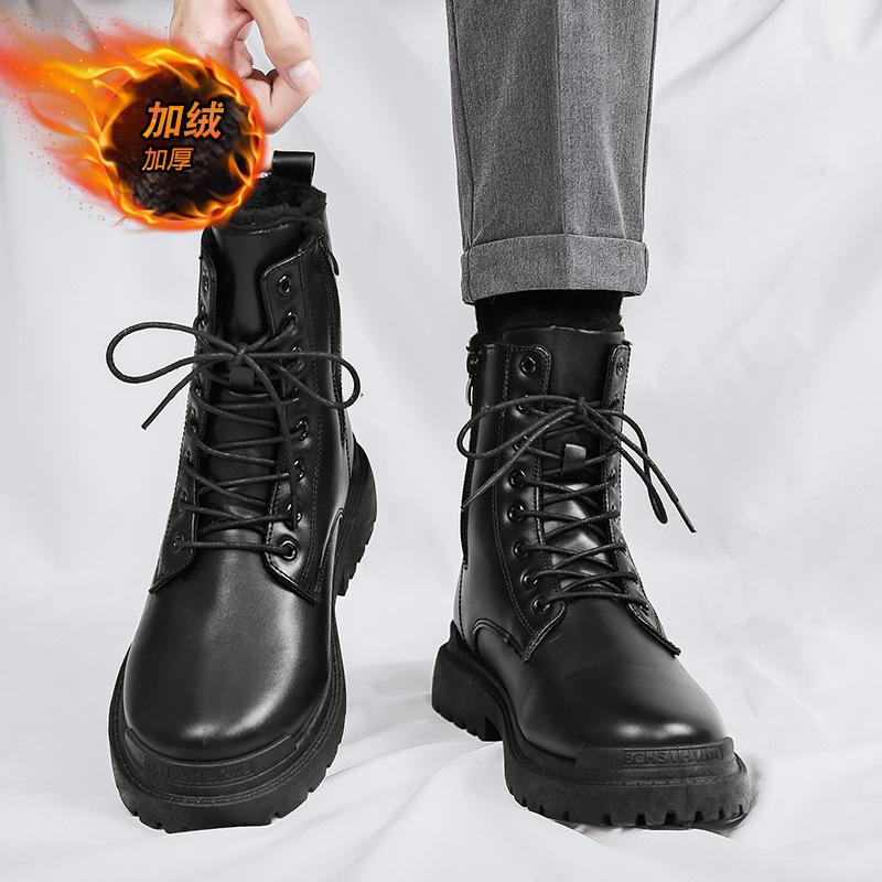 Autumn Martin Boots Black High-top Trendy Shoes Locomotive Tooling Leather Boots Winter Heightening Mid-top Leather Shoes Cotton Shoes