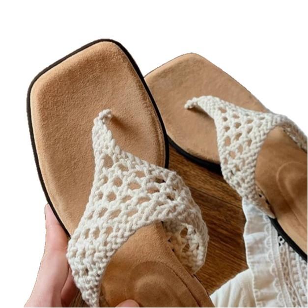 The Same Style As the Grape Mother, the Height Increases by 4cm~ Bohemian Style Hollowed-out Crocheted Toe Square Head Sandals for Women's Summer Wear