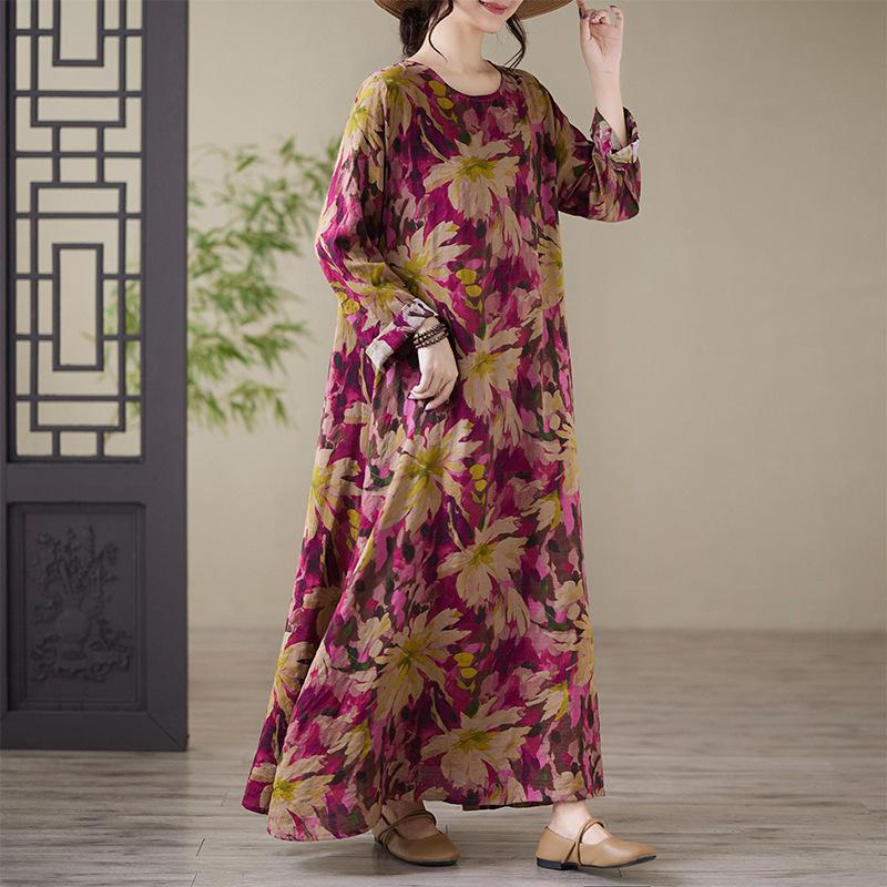 

Осеннее литературное платье больших размеров из хлопка и льна с принтом, круглым вырезом и длинными рукавами для женщин large size L