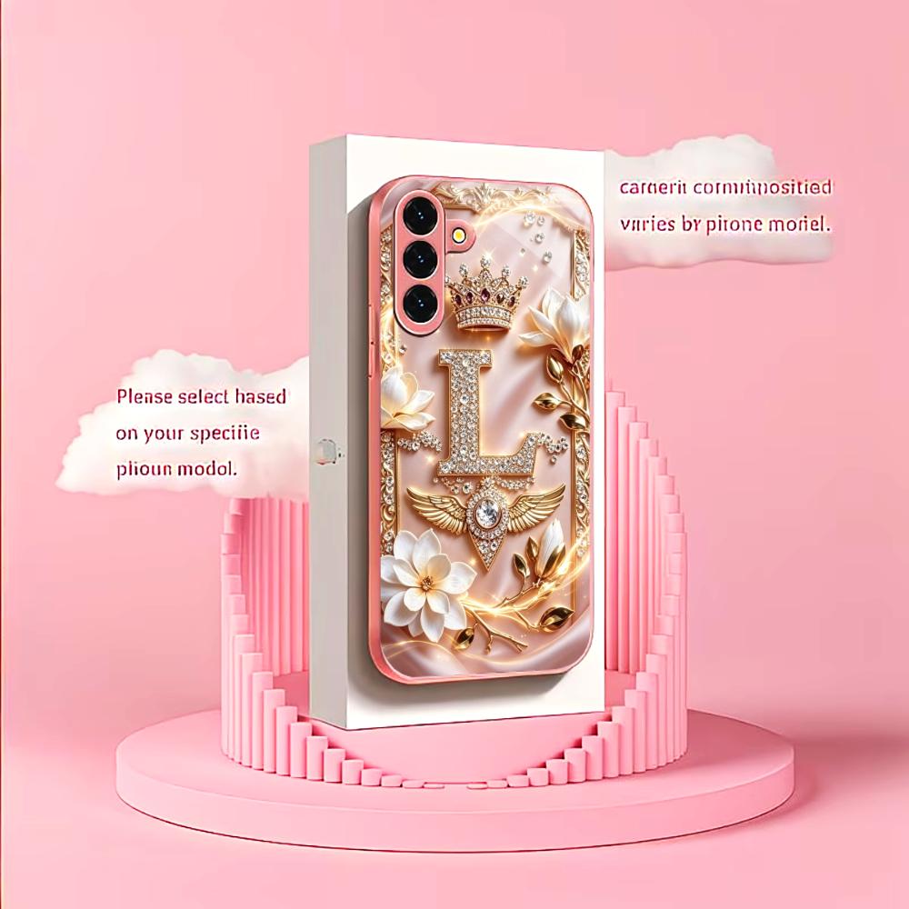 Diamond Letter L Crown phone case s26 ultra case quad lock glass for Samsung Galaxy S26 S25 S24 S23 S22 FE,Ultra,Plus