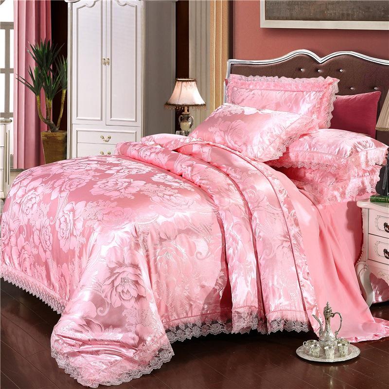 European Satin Jacquard Bedding Set - Lace-Trimmed, 4-Piece Set