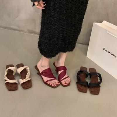 2025 Summer New One-word Satin Slippers European and American Style High-heeled Slippers Temperament Fashion Thick-heeled Sandals Women