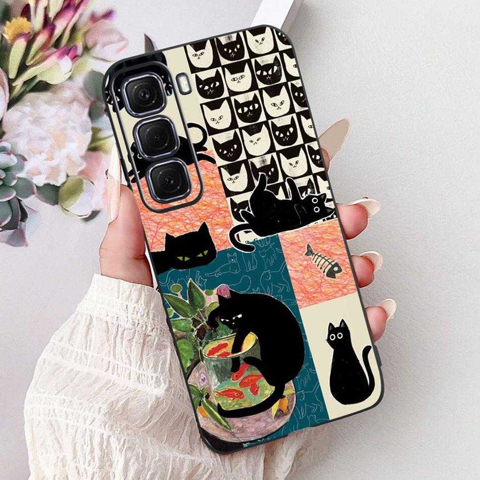For Infinix Hot 50 4G Phone Case Hot 50 Pro+ 4G Hot50 Pro Elegant Floral Cat Pattern Black Silicone Soft TPU Cases