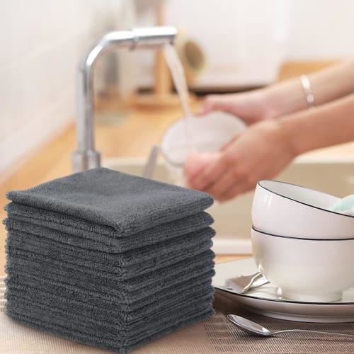 SINLAND Microfiber Cleaning Cloths, Commercial Towels for Kitchen, Cleaning, and Car Washing, Absorbent and Quick-Drying, 12-Count, Gray