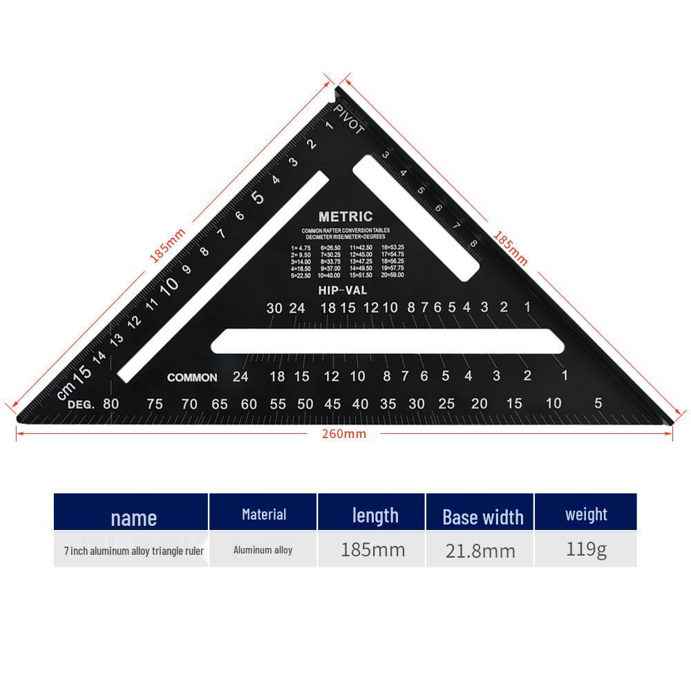 12-inch Aluminum Alloy Black Metric/Imperial Triangle Ruler - 90°/45° Right Angle, 7-inch Woodworking Triangle Plate