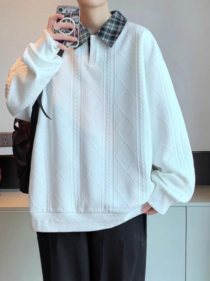 Men's Retro Color Block Plaid Long Sleeve Polo Collar Hoodie