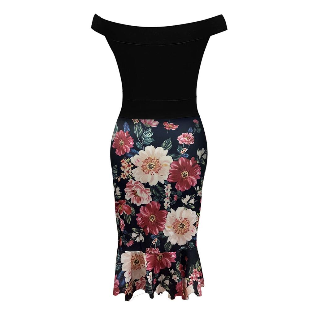 Bayanlar Kapalı Omuz Fırfır Etek Kokteyl Elbise Zarif Midi Abiye