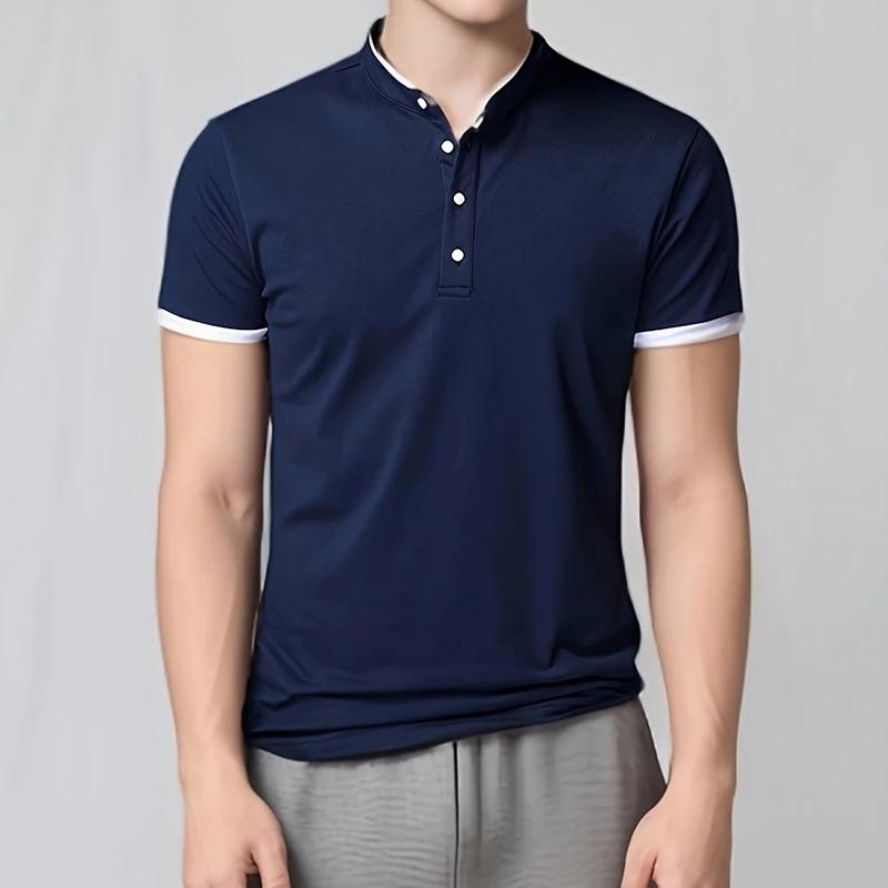 2026 Men's Casual and Fashionable Solid Color Short Sleeved Stand Up Collar T-shirt Summer Versatile and Comfortable Top