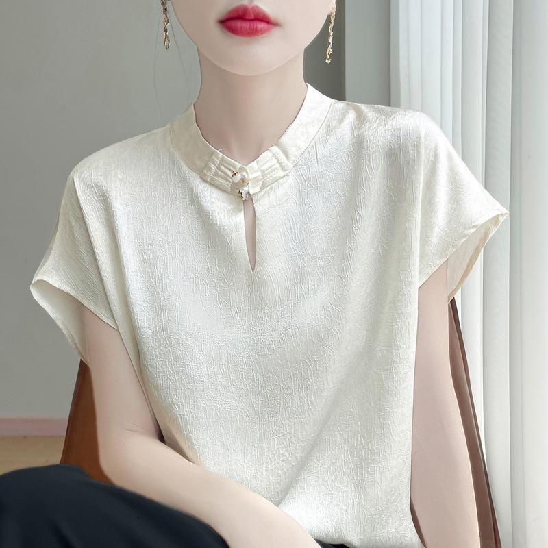 New Chinese style, spring and summer women's new national style buckle silky smooth satin texture design short-sleeved T-shirt top
