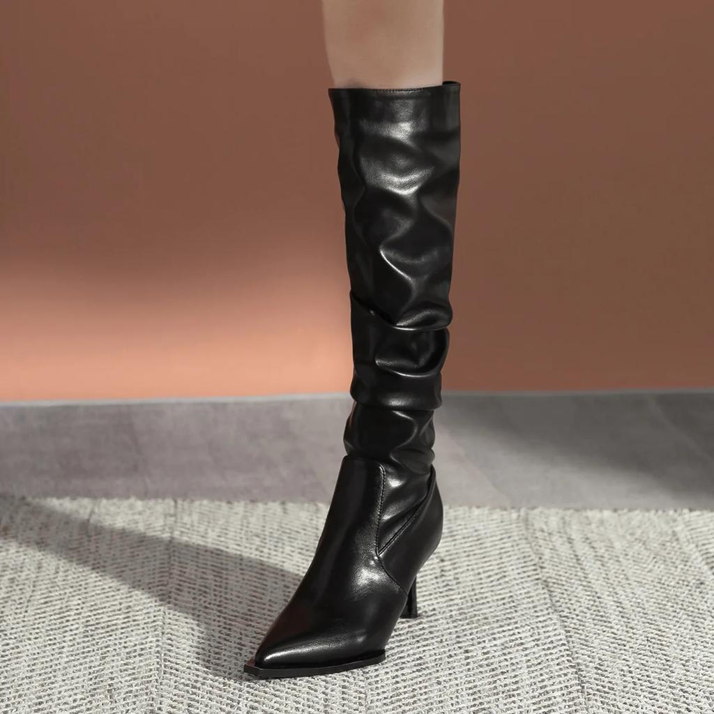 Damenstiefel mit hohen Absätzen Kniehohe Faltenstiefel High Top Retro Damenstiefel Herbst und Winter mit Plüsch Feine Absätze Damen