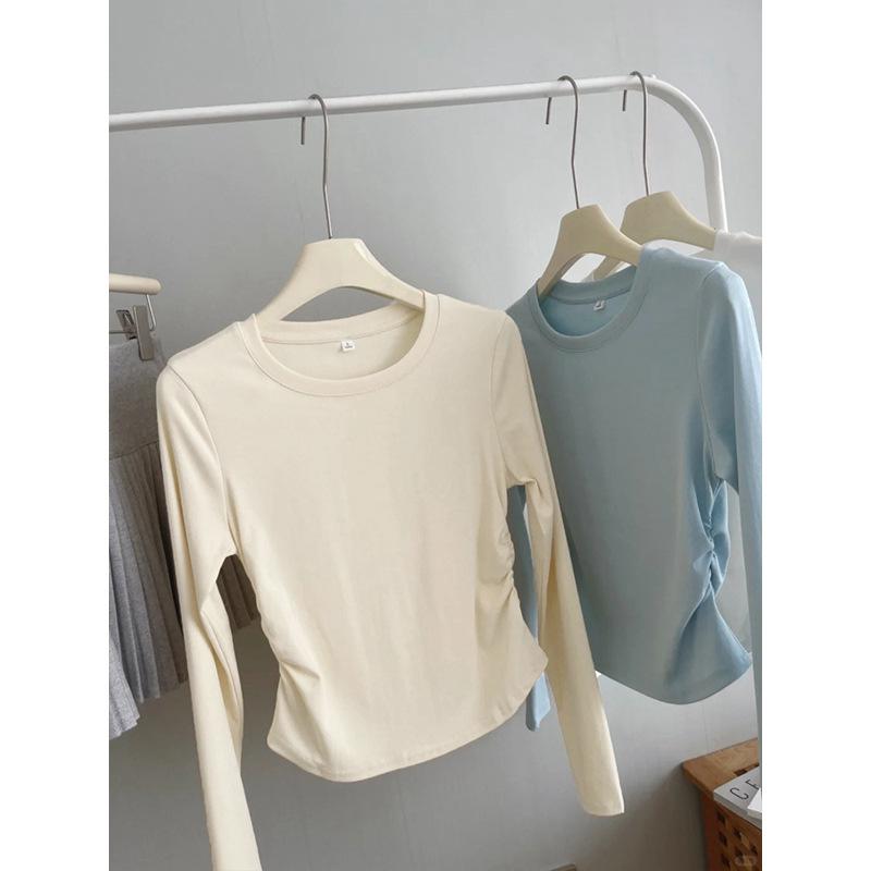 Spring new card waist pleated T-shirt women's inner top pure desire style bm front shoulder thin long-sleeved bottoming shirt