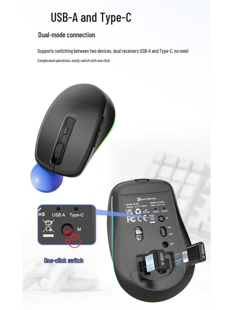 M106 USB-C Wireless RGB Mouse, Dual Mode & Rechargeable for Desktop, Laptop, and Tablet