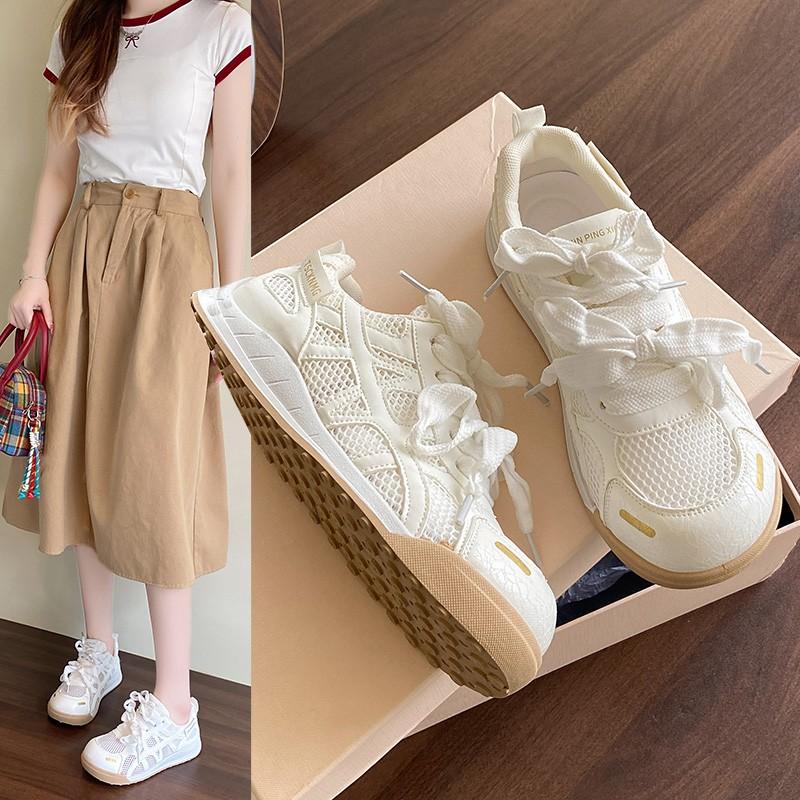 Fashion Women's Casual Shoes Round Toe Lace-up Flat Sole Mesh (Air Mesh) Women's Sports Shoes Dress Sport Fashion Zapatillas De Mujer