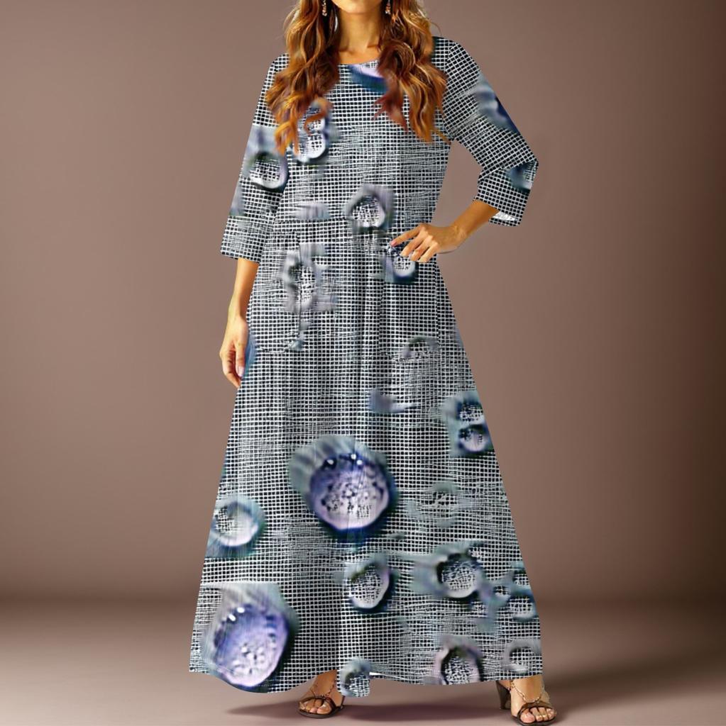 Women's Casual Fashion Vintage Floral Print Three-quarter Sleeve Long Dress With Pockets