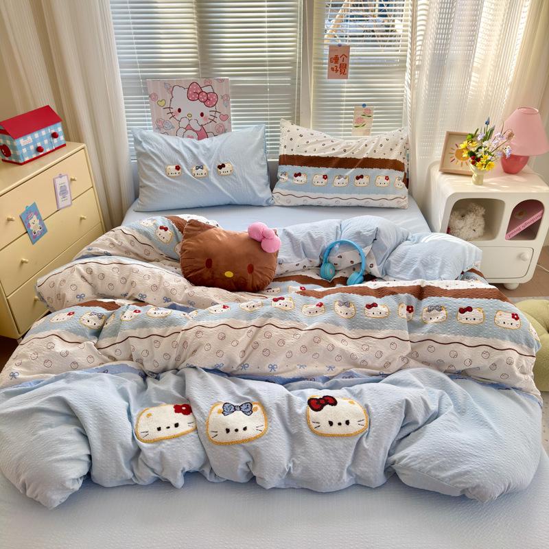 A-Class Mother & Baby 4-Piece Super Soft Puff Cotton Bedding Set: Duvet Cover & Fitted Sheet for Dorms