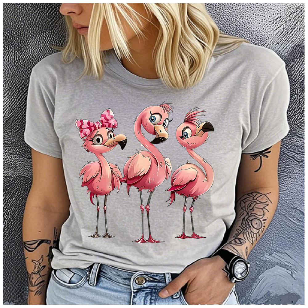 Unisex Womens Cotton Cartoon Flamingo Print Tshirt Loose Round Neck Casual Short Sleeve Fashion Top Clothing Summer