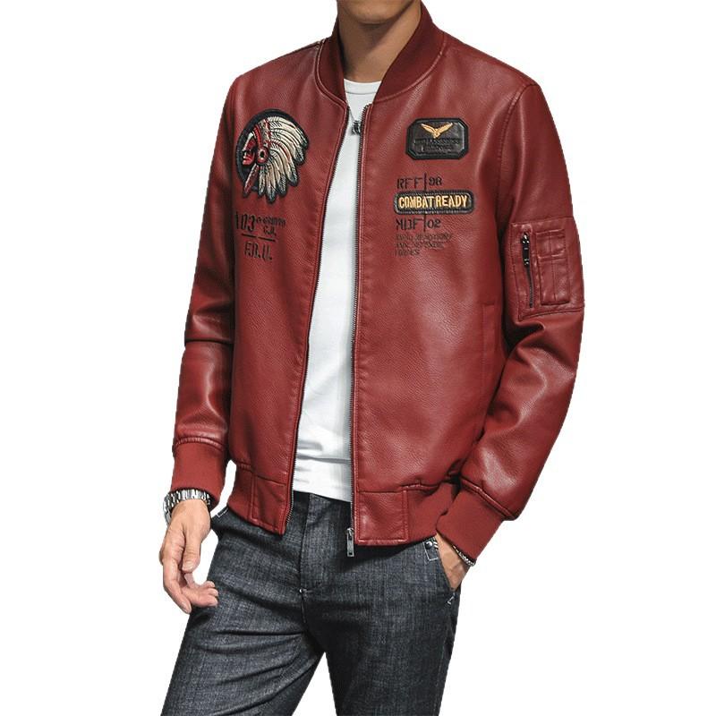 South East Asia Men's PU Leather Jacket Baseball Collar Embroidered Locomotive Clothing Spring and Autumn Men's Casual Trend Leather Jacket
