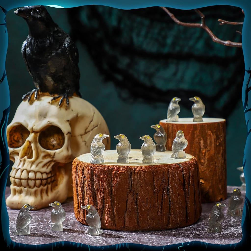 50 Pcs Mini Resin Halloween Figurines Luminous Miniature Crows Black Raven Resin Crows Figures For House Halloween Scene Decor