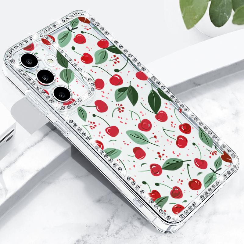 Luxus Kirschfrüchte Muster Diamant Hülle Für Samsung Galaxy S25 Ultra S24 Plus S23 S22 S21 FE A14 A15 A16 A25 A26 A35 A36 A54 A55 A56 5G Cover