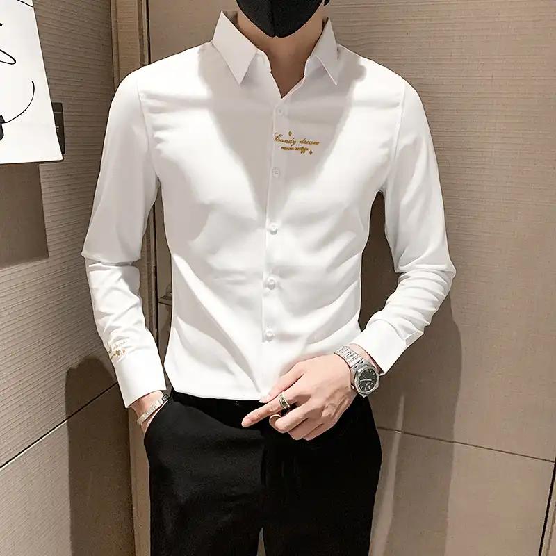 Men's Slim Fit Black Long Sleeve Shirt with Gold Embroidered Detail Casual Business Formal Shirt