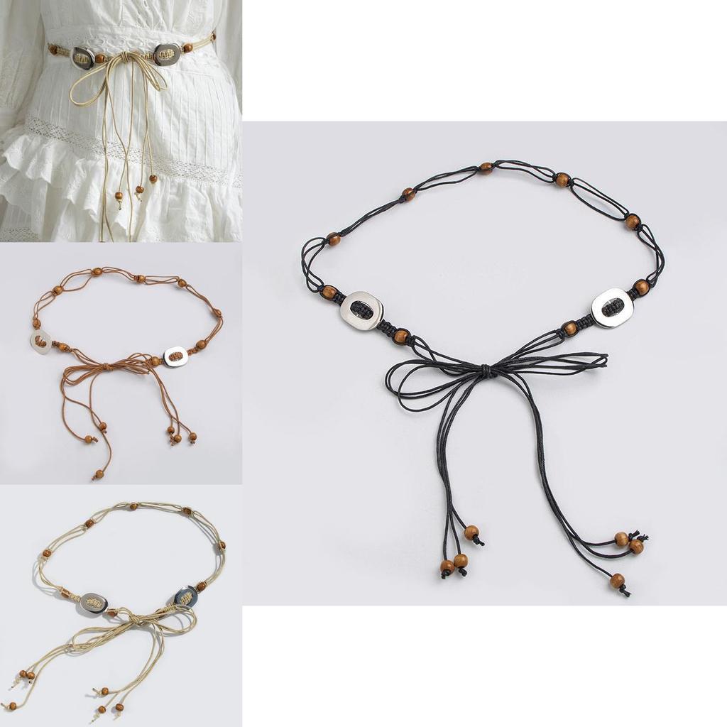 Ethnic Woven Waist Tie With Wooden Beads For Boho Chic Summer Dresses And Casual Looks