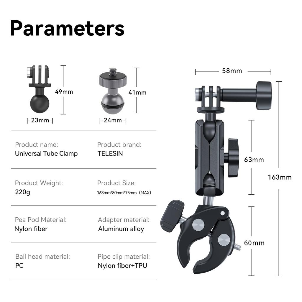 TELESIN Rotating Claw Clamp Mount for Cycling and Double Ball Head with Clip Mount for Action Camera Gripper Compatible with GoPro Hero Insta360 DJI