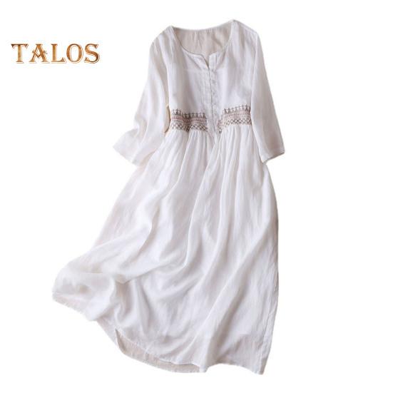 

Женское весенне-летнее платье с круглым вырезом в этническом стиле с вышивкой и длинным рукавом с высокой талией трапециевидной формы Половинное однобортное сплошное цветное двухслойное платье миди M белый