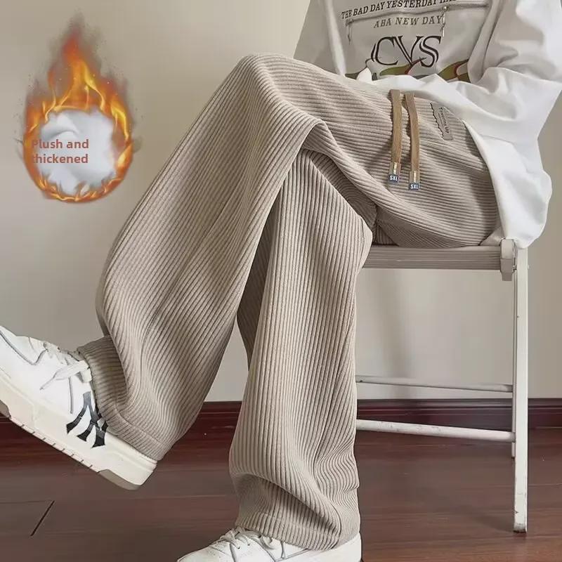 Men's Oversized Plush Corduroy Sweatpants - Thick, Wide-Leg, Straight-Fit Trousers for Autumn/Winter