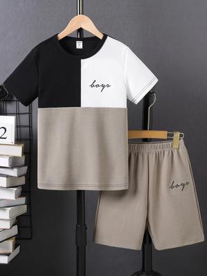 New Two-Piece Summer Kids Short-Sleeved Suit Fashionable Splicing Color 3D Print Tops Boys Casual Sportswear Children's Clothes