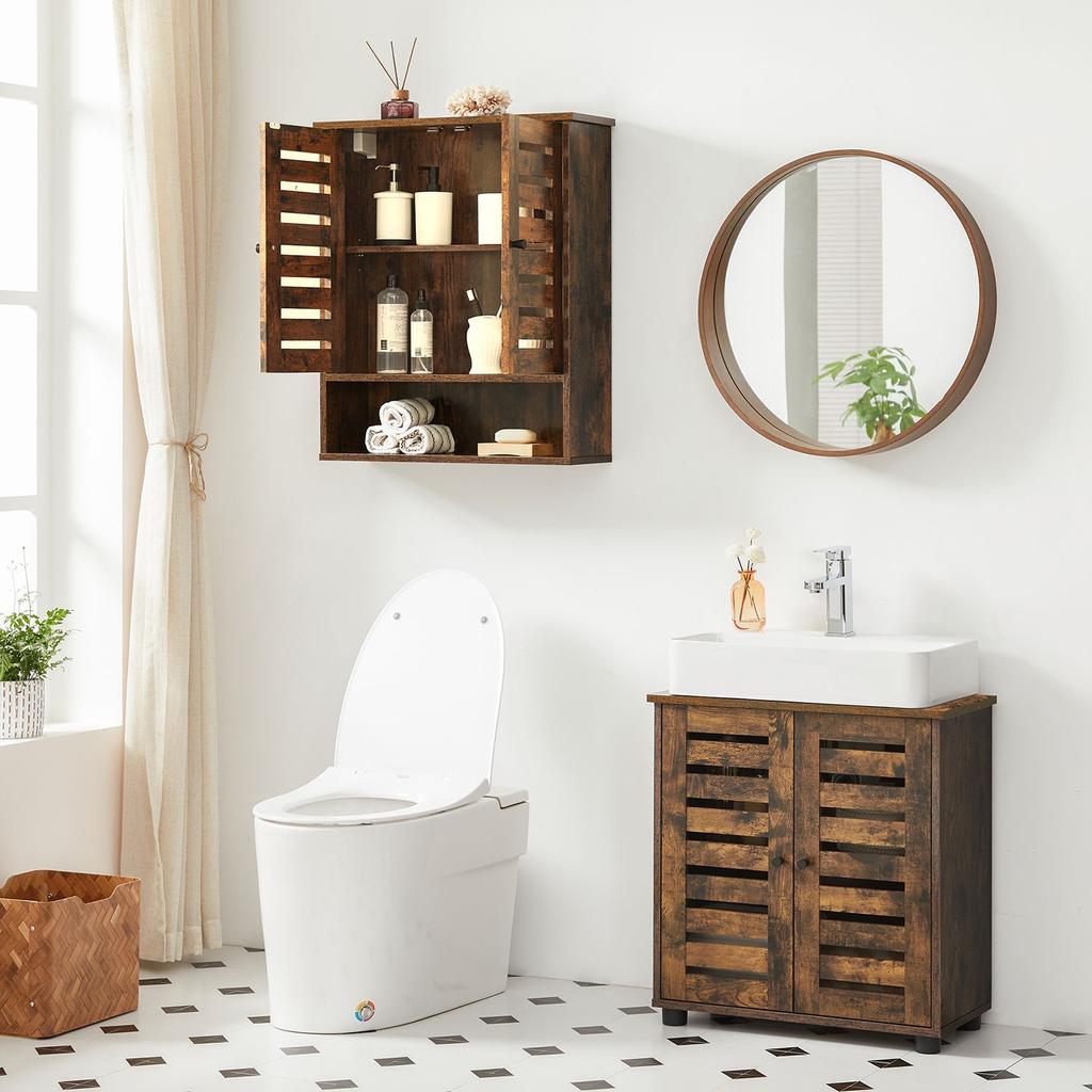 VASAGLE Wall Cabinet, Hanging Bathroom Storage Cabinet, Medicine Cupboard with Adjustable Shelf, Double Shutter Doors and Open Shelf, 60 x 20 x 70 cm