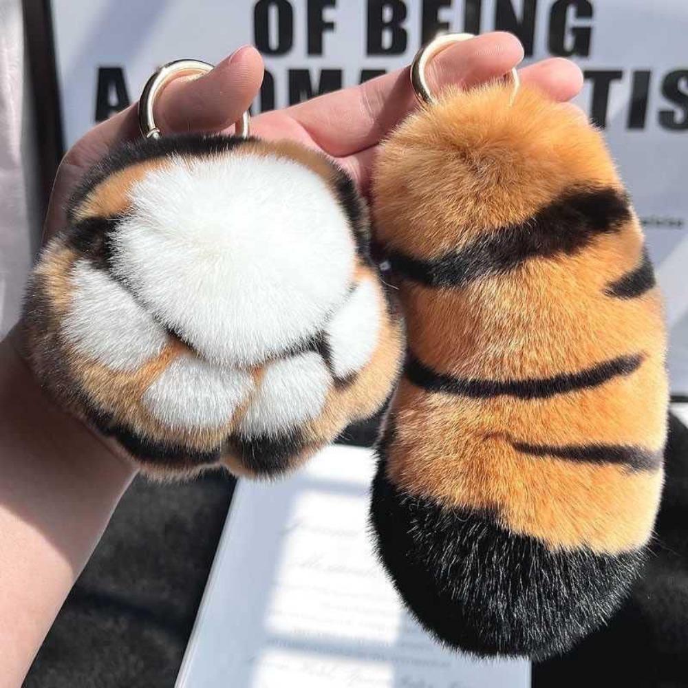 Furry Doll Tiger Tail Stuffed Keyring Stuffed Animal Plush Cat's Paw Pendant  Bag Ornaments