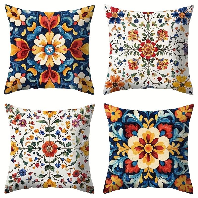 4Pcs Bohemian Floral Pattern Single-Sided Printing Short Plush Suitable For Living Rooms Bedrooms Sofas (Excluding Pillow Cores)
