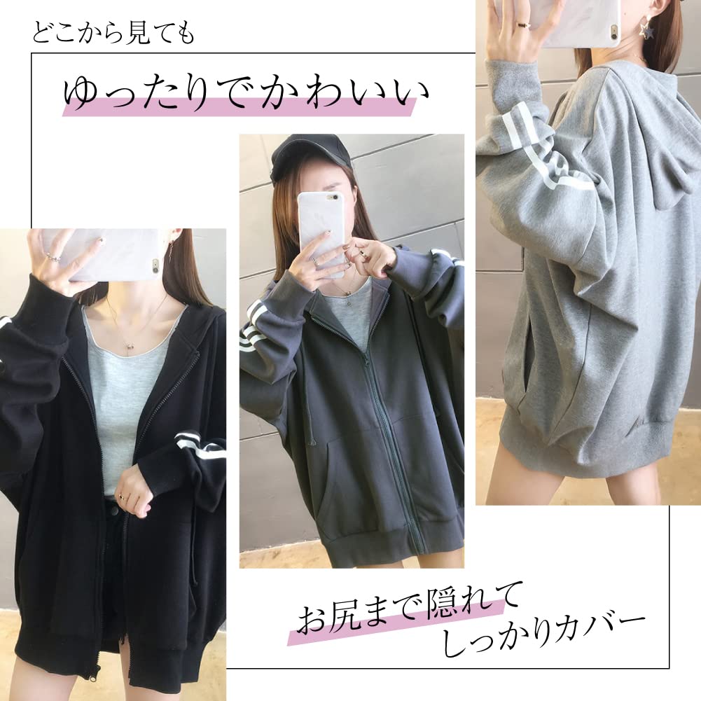 Oversized Loose Loungewear for [Ressh.N] Women's Hoodie, Fit, Zip-Up Fall/Winter (JP, Alphabet, 2XL, Standard, Black)