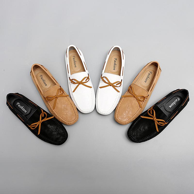 Knotbow Men Casual Shoes Luxury Brand Autumn Mens Loafers Leather Man Moccasins Breathable Slip On Flats Driving Shoes White