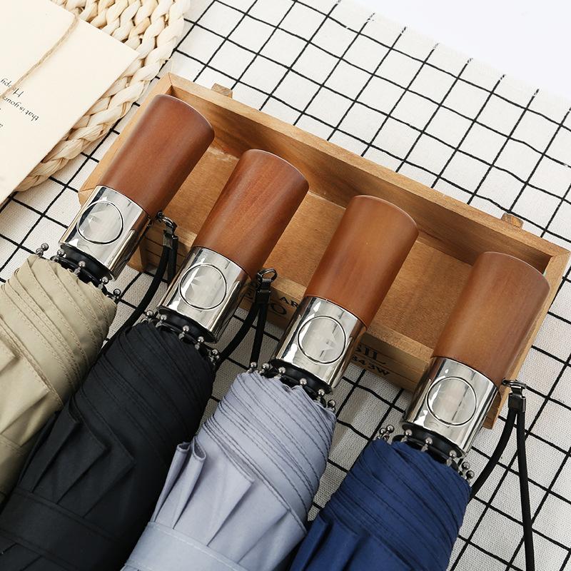 Ten-bone windproof umbrella three-fold automatic rain folding umbrella men's solid wood retro gentleman umbrella