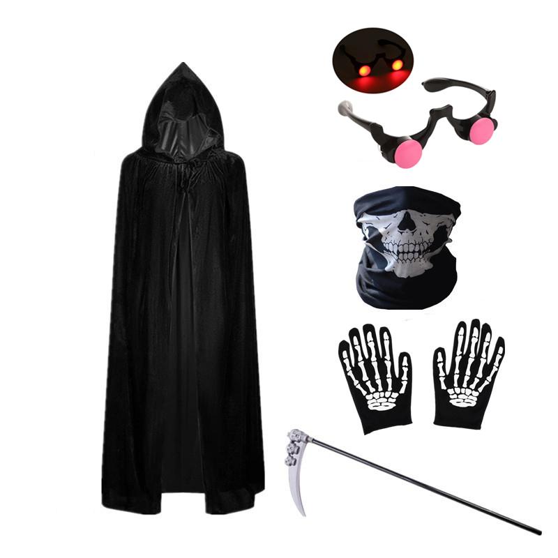 Costum Înfricoșător de Halloween Costum Grim Reaper pentru Băieți Costum Copii cu Ochi Roșii Strălucitori cu Mănuși Mască