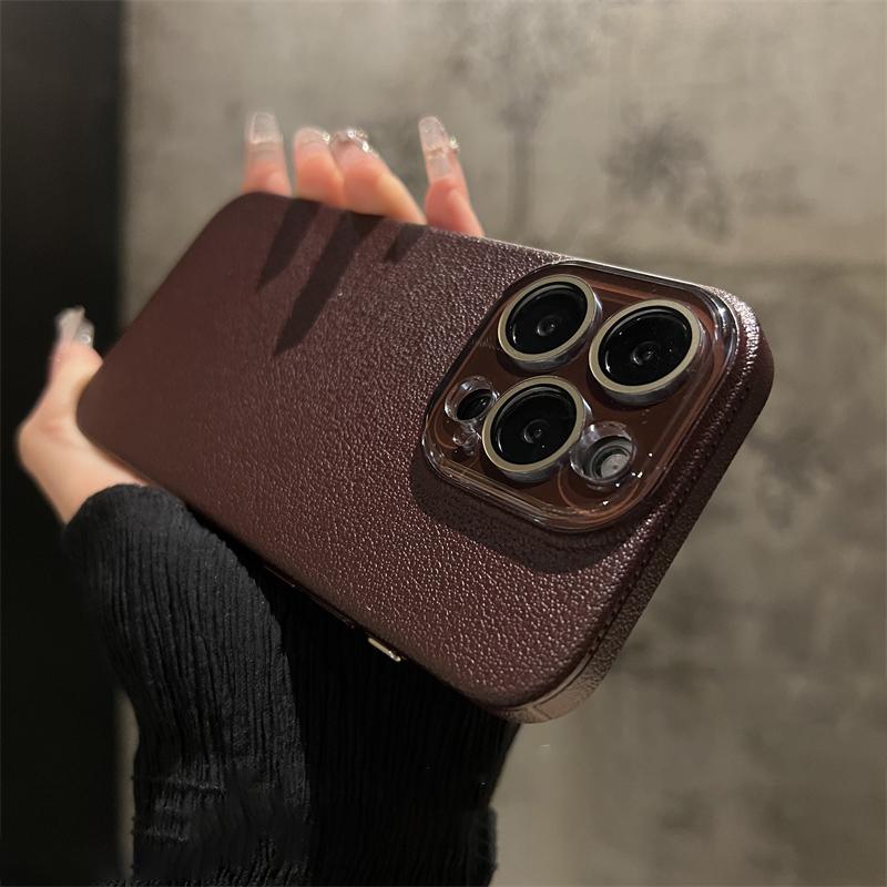 Crystal Glass Lens Protection Lychee Textured Leather Case for iPhone 15 Pro Max 14 13 12 Shockproof Protection Hard PC Cover