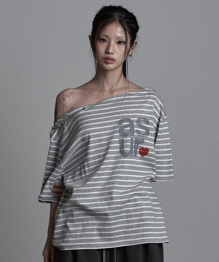Aejeuyua Striped Off-Shoulder T-Shirt Gray