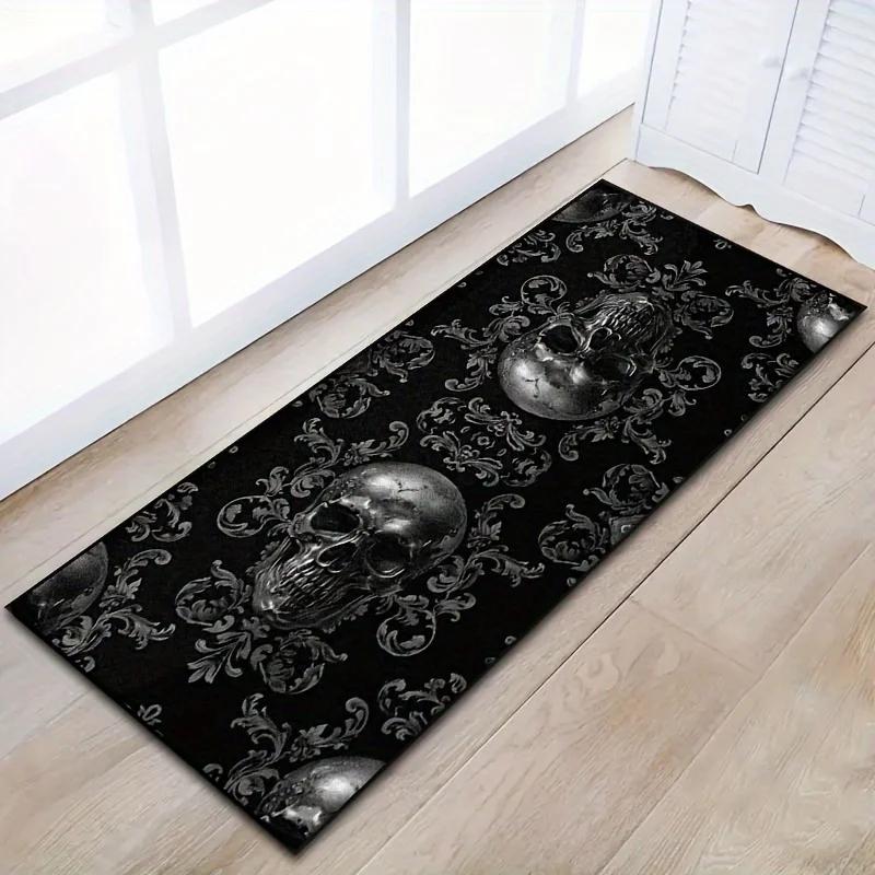 Gothic Skull Runner Rug, Black Floral Pattern Non-Slip Floor Mat for Outdoor Patio, Hallway Gothic Decor
