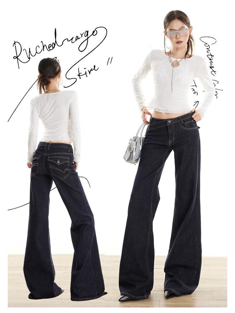 Retro Anti-Fade Denim Blue Low-Rise Micro-Flare Jeans with Irregular Design