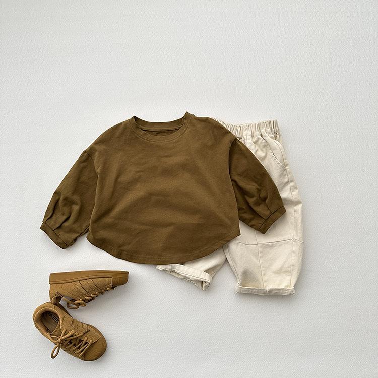 Dziecięca bawełniana koszulka z długim rękawem w stylu koreańskim: Okrągły dekolt, Odzież jesienno-wiosenna